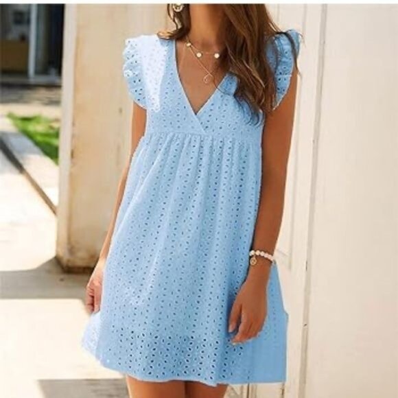 Blue Eyelet Lace Ruffle Sleeve V-Neck Dress With Lining  Short & Back Zipper Clo - Picture 7 of 8